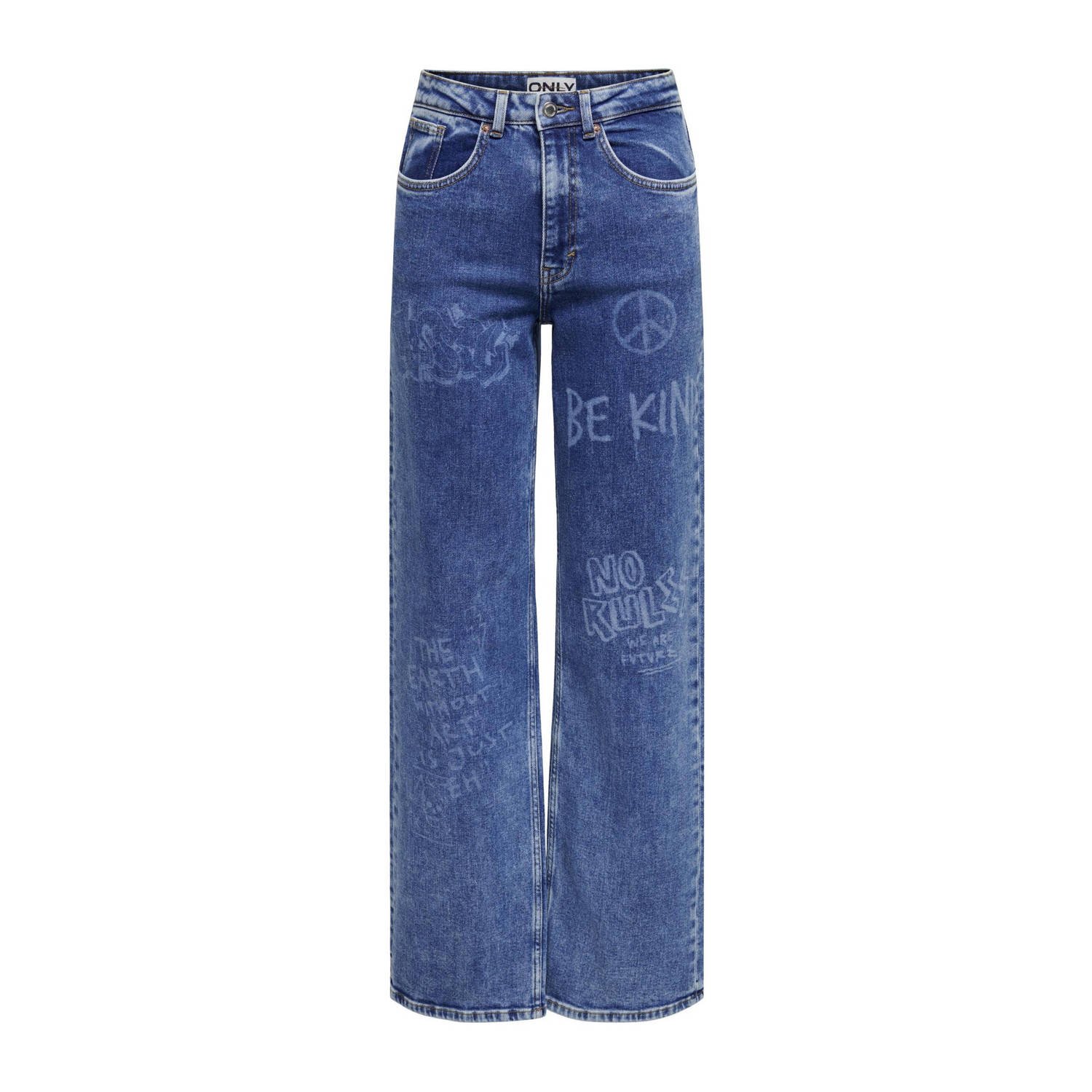 ONLY high waist wide leg jeans ONLJUICY met printopdruk medium blue denim