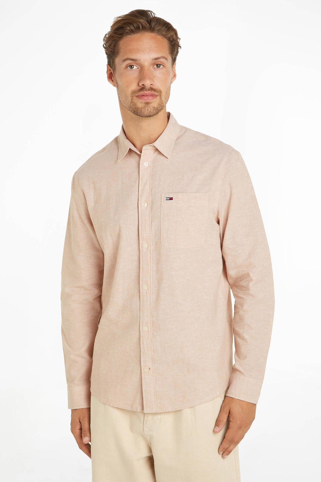 Beige heren Tommy Jeans gemêleerd regular fit overhemd van katoen met lange mouwen, klassieke kraag en knoopsluiting