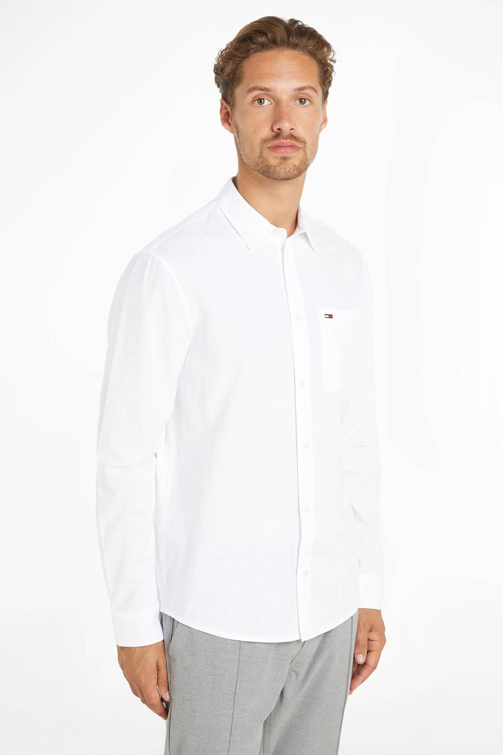 Witte heren Tommy Jeans gemêleerd regular fit overhemd van katoen met lange mouwen, klassieke kraag en knoopsluiting