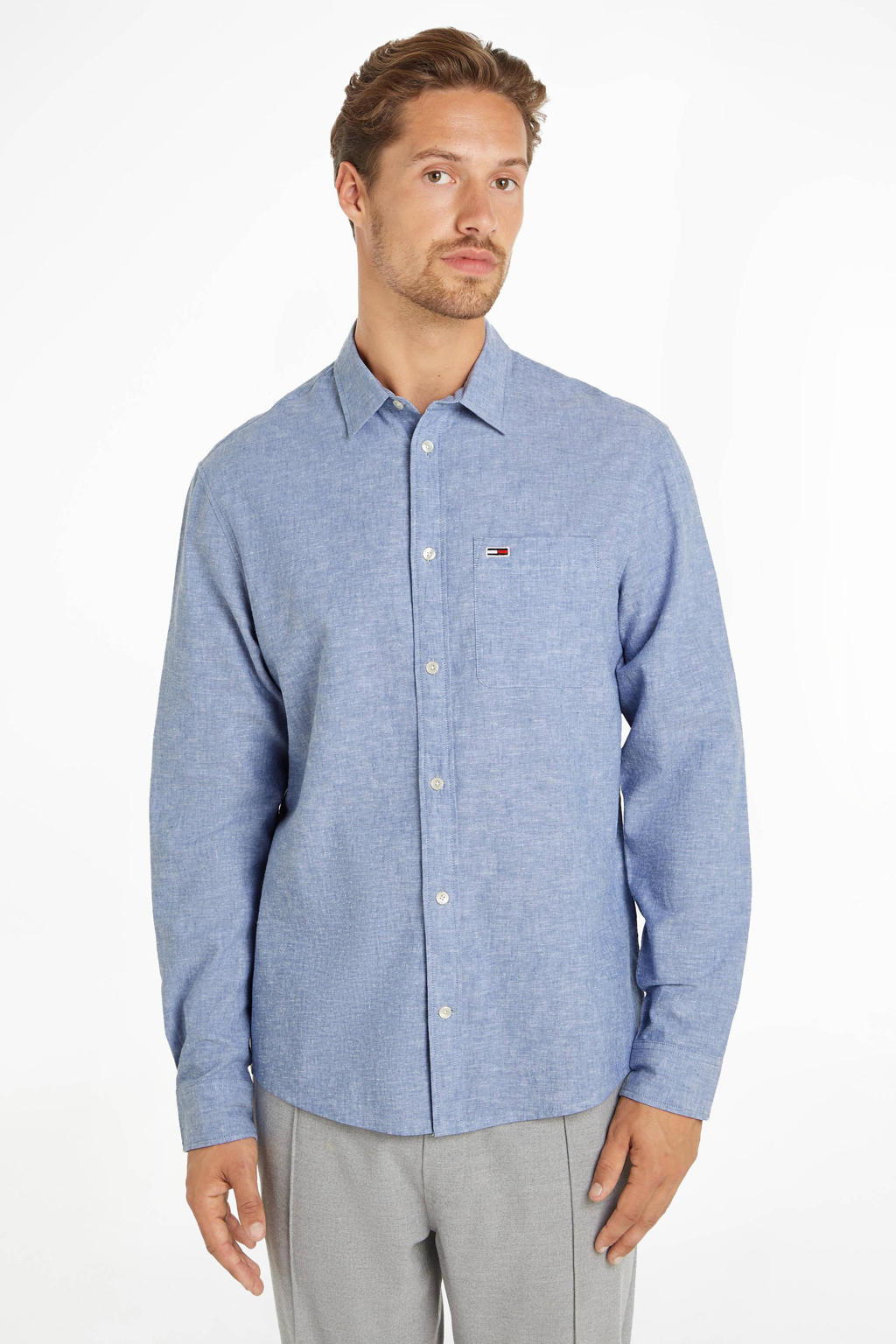 Blauwe heren Tommy Jeans gemêleerd regular fit overhemd van katoen met lange mouwen, klassieke kraag en knoopsluiting