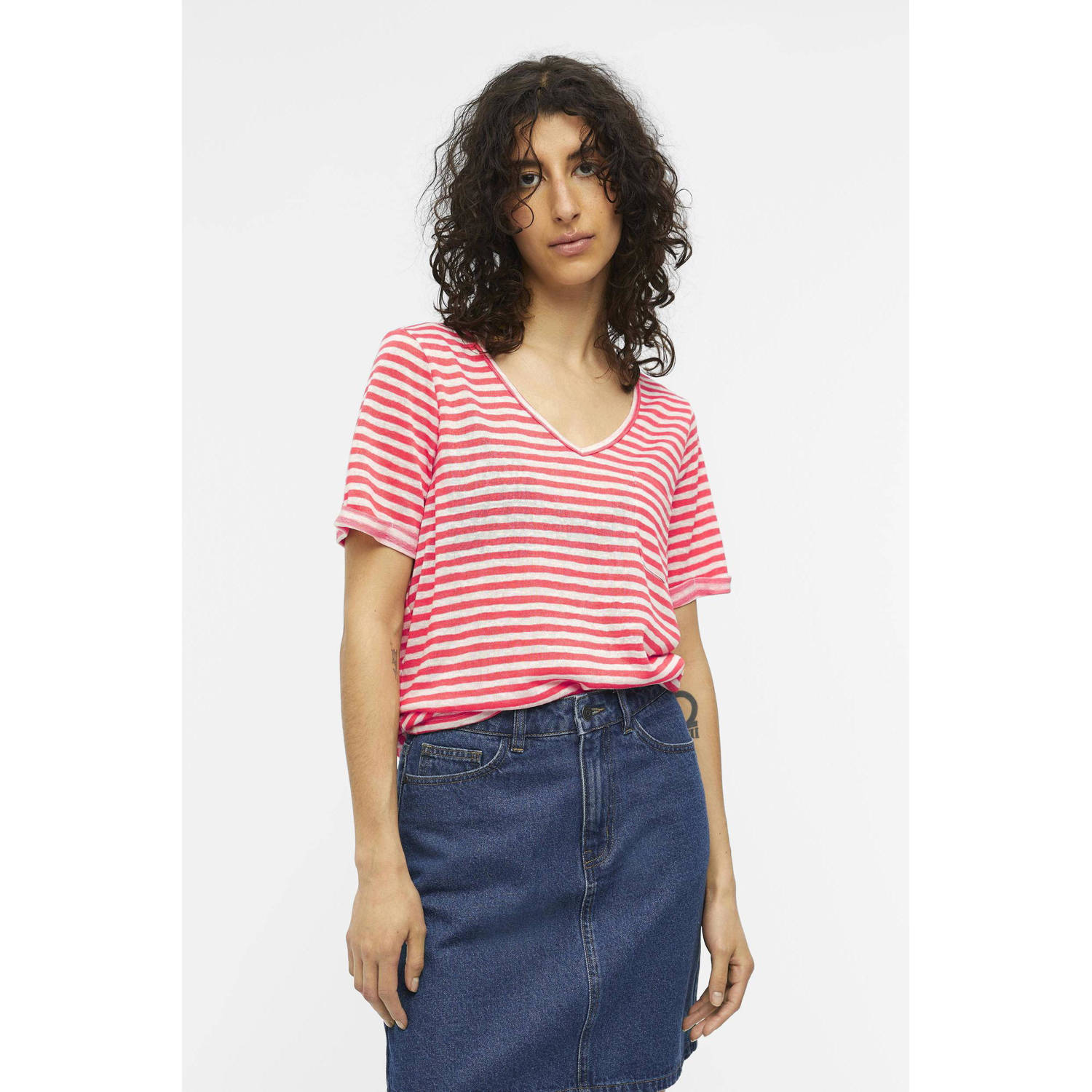 OBJECT gestreept T-shirt OBJTESSI rood ecru