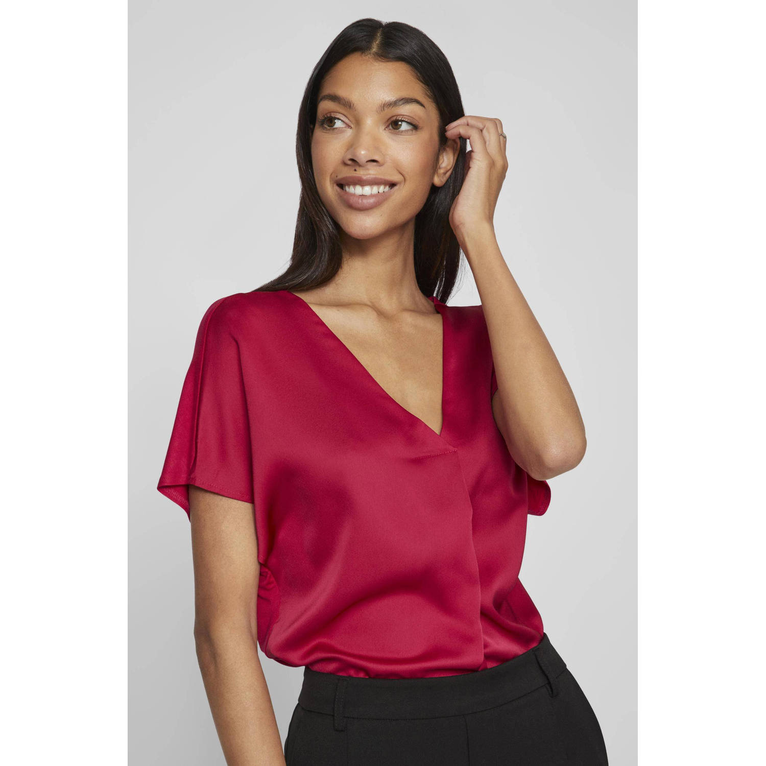Vila Satijnen V-hals Korte Mouw T-shirt Pink Dames