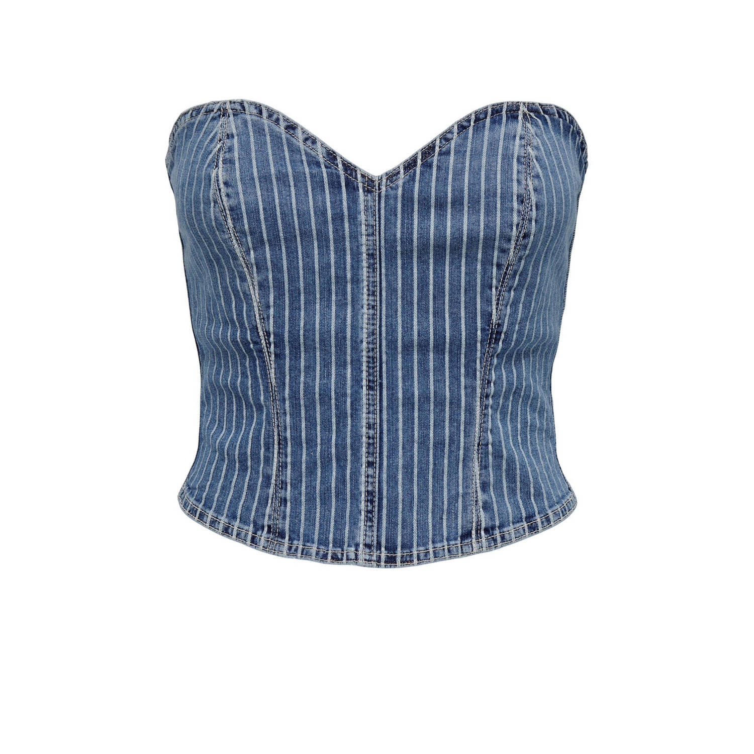 ONLY gestreepte strapless top ONLKIRSI medium blue denim