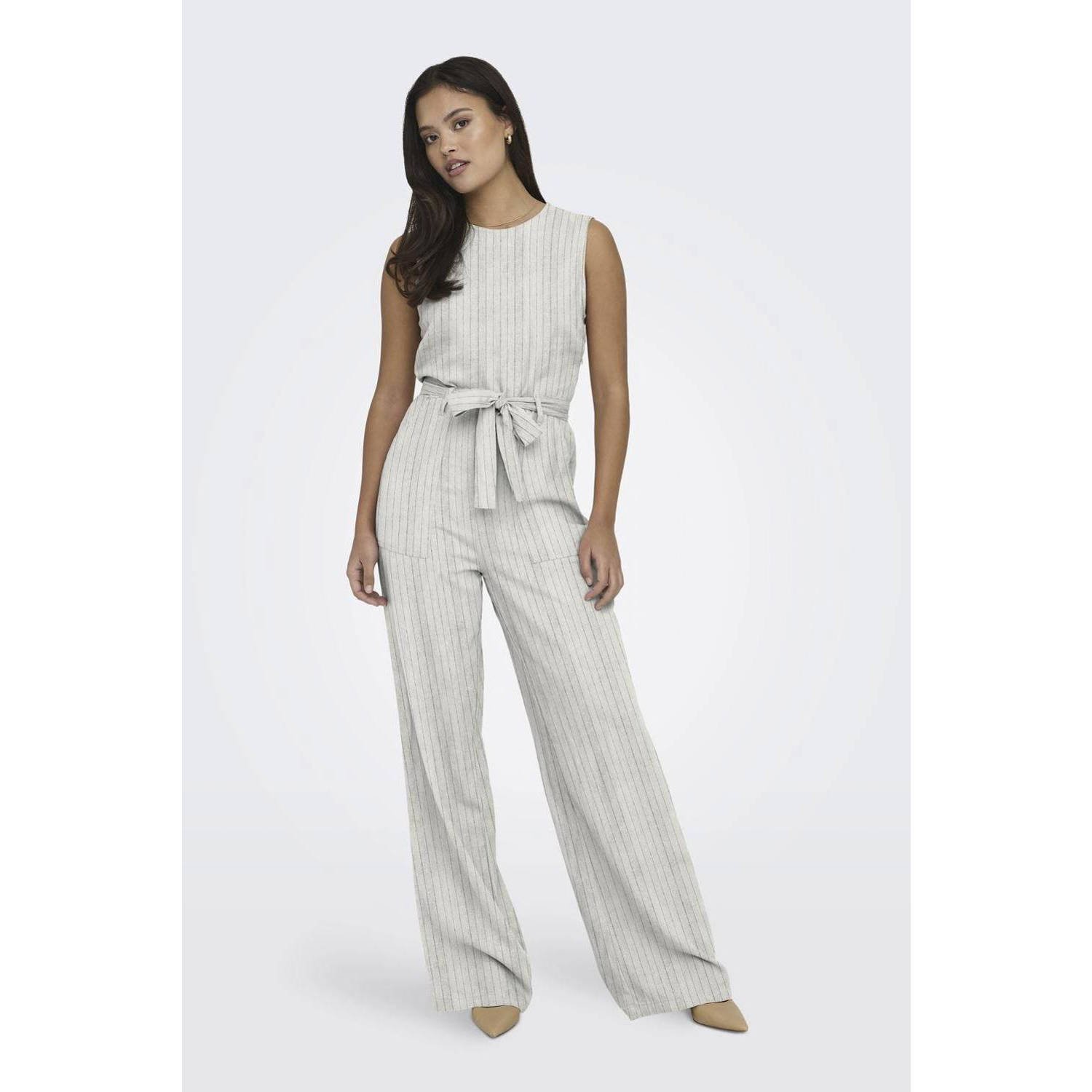 ONLY gestreepte jumpsuit ONLCARO met linnen lichtgrijs wit