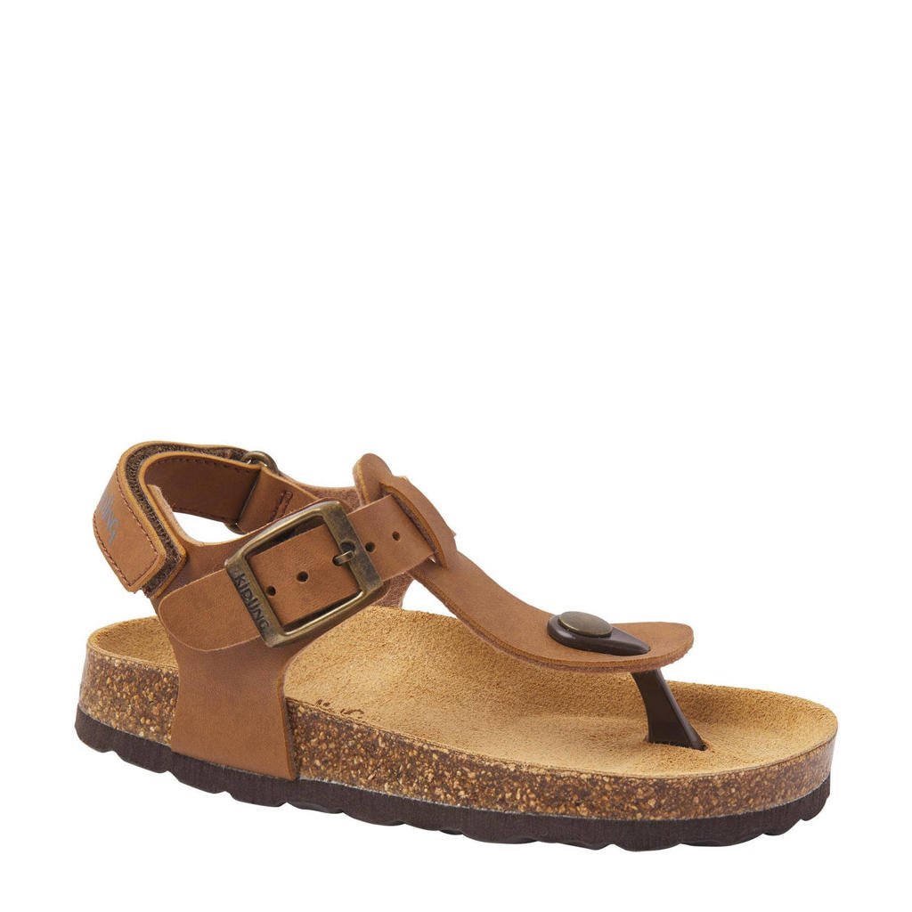 Cognackleurige jongens Kipling Juan 3 sandalen van imitatieleer met gesp