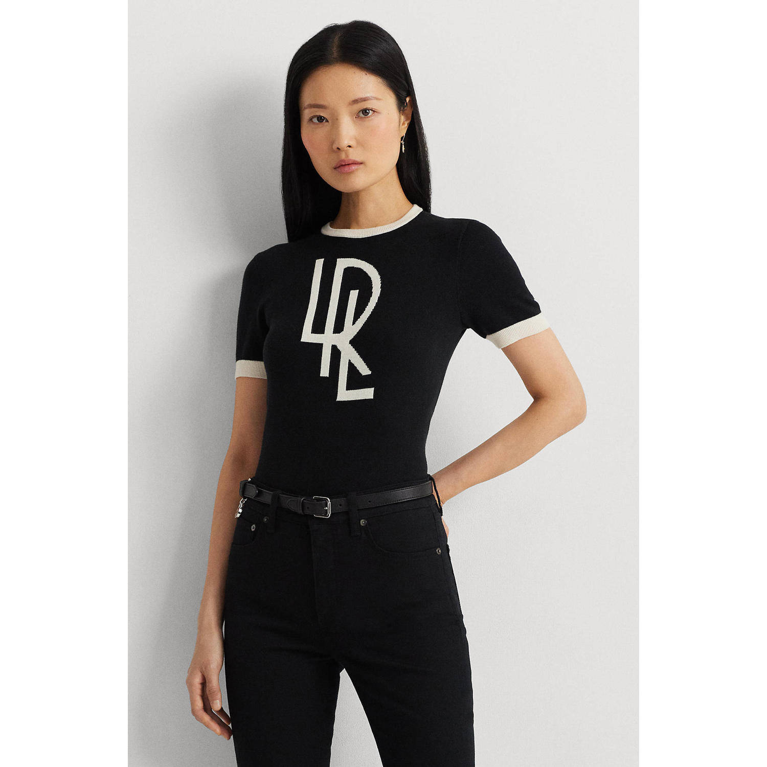 Lauren Ralph Lauren fijngebreide top met contrastbies zwart wit