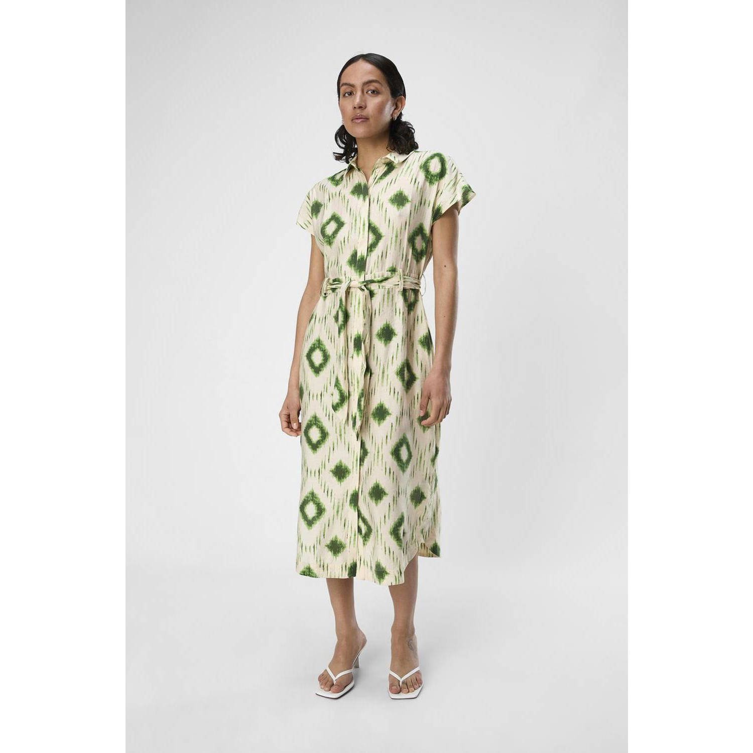 OBJECT jurk OBJBERRY met all over print en ceintuur ecru groen