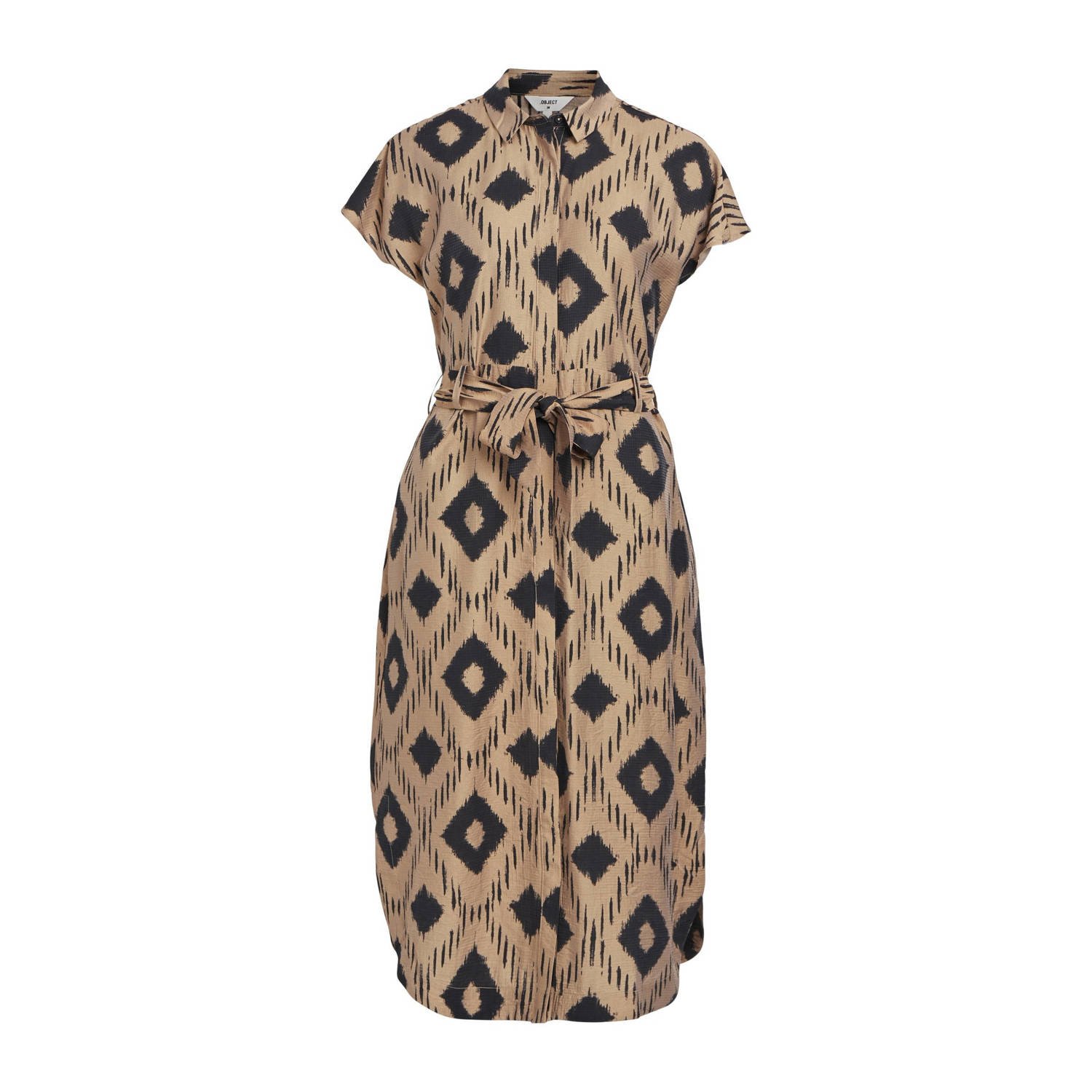 OBJECT jurk OBJBERRY met all over print en ceintuur beige zwart