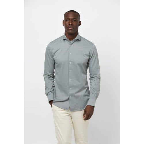 Profuomo gebreid slim fit strijkvrij overhemd groen afbeelding