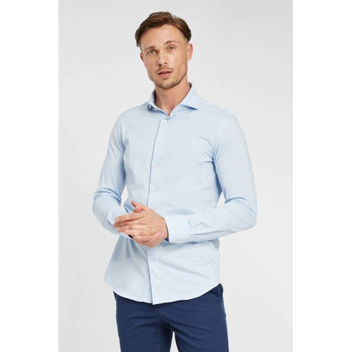 Profuomo gebreid slim fit strijkvrij overhemd blauw afbeelding