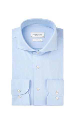 gebreid slim fit strijkvrij overhemd blauw