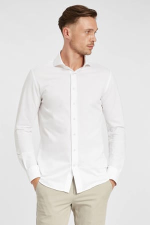gebreid slim fit strijkvrij overhemd wit