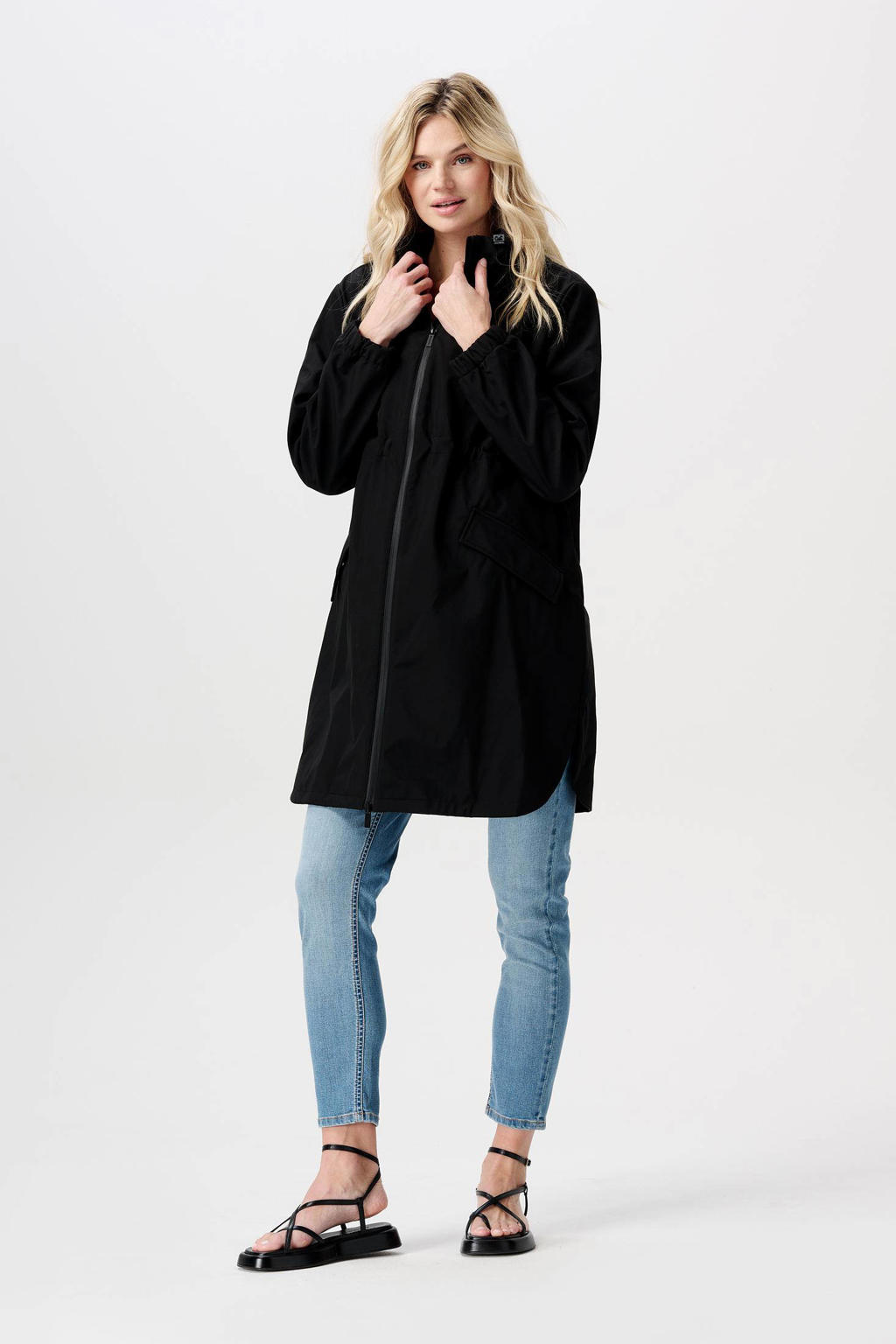Zwarte dames Noppies maternity zwangerschaps- en draagjas Rey van polyester met lange mouwen en ritssluiting