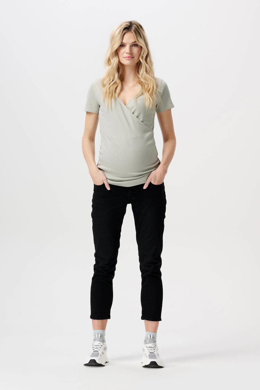 Lichtgroene dames Noppies maternity ribgebreid zwangerschapsshirt Sanson van stretchkatoen met effen, korte mouwen en V-hals
