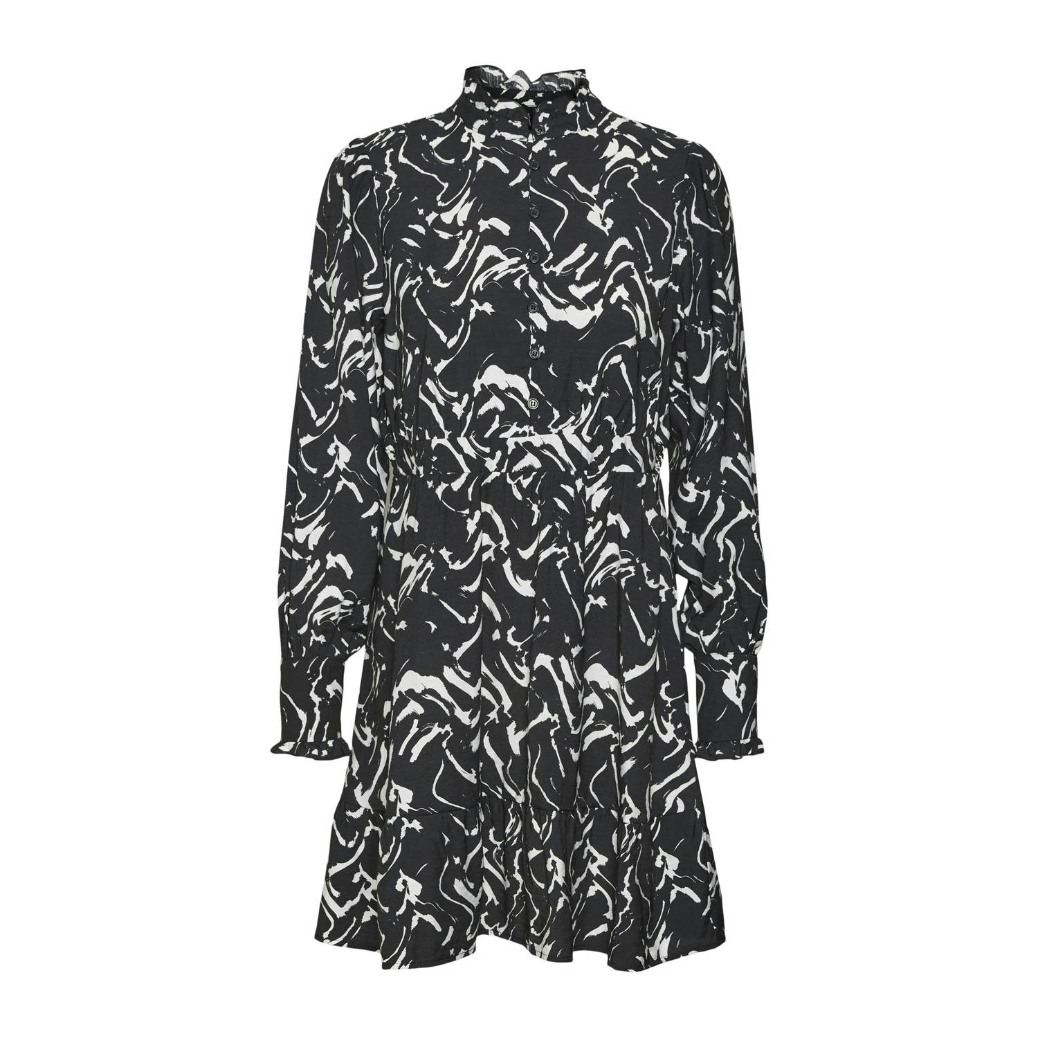 VERO MODA VMCIA jurk met all over print en ruches zwart wit