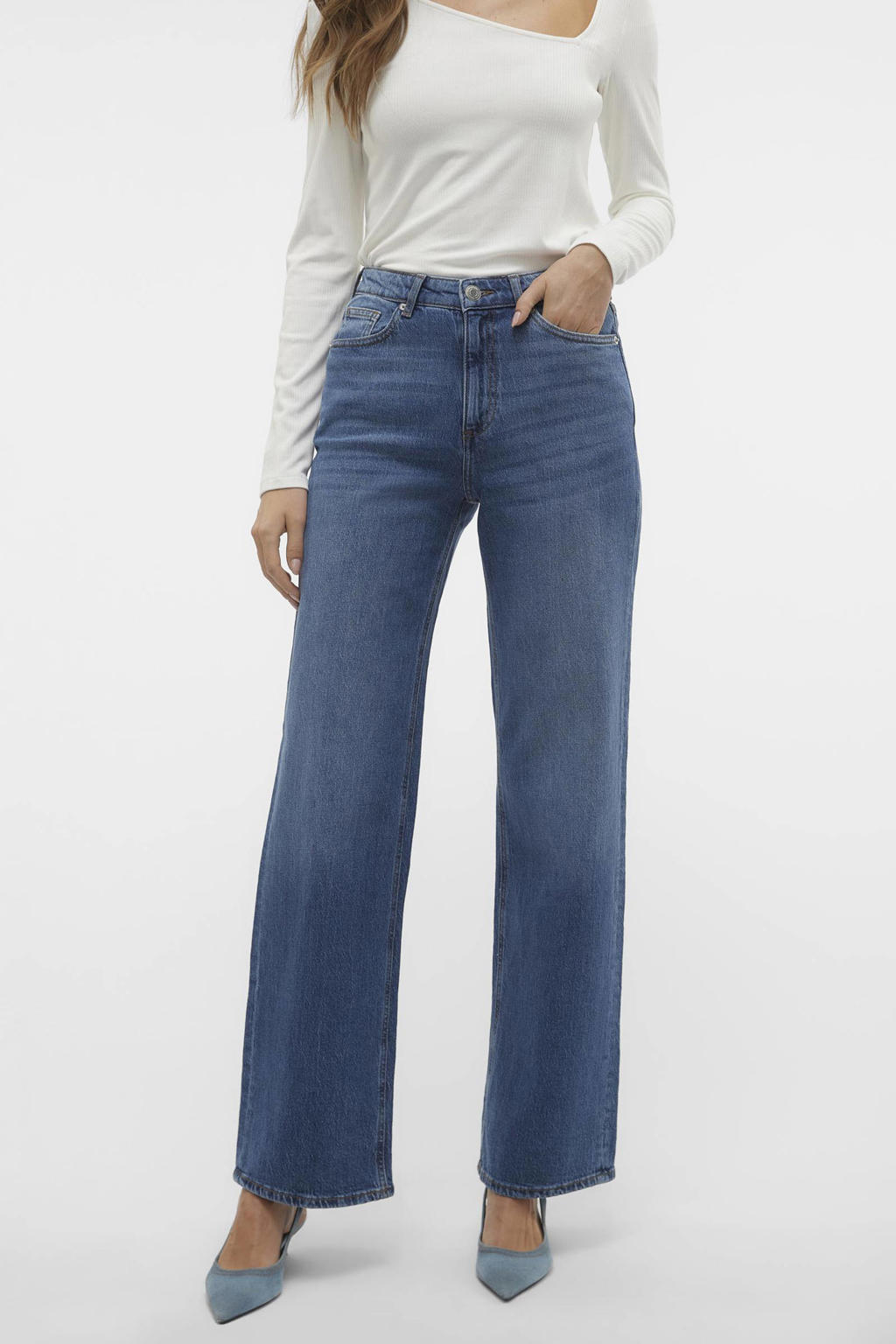 Blauwe dames VERO MODA high waist wide leg jeans van denim met rits- en knoopsluiting en effen