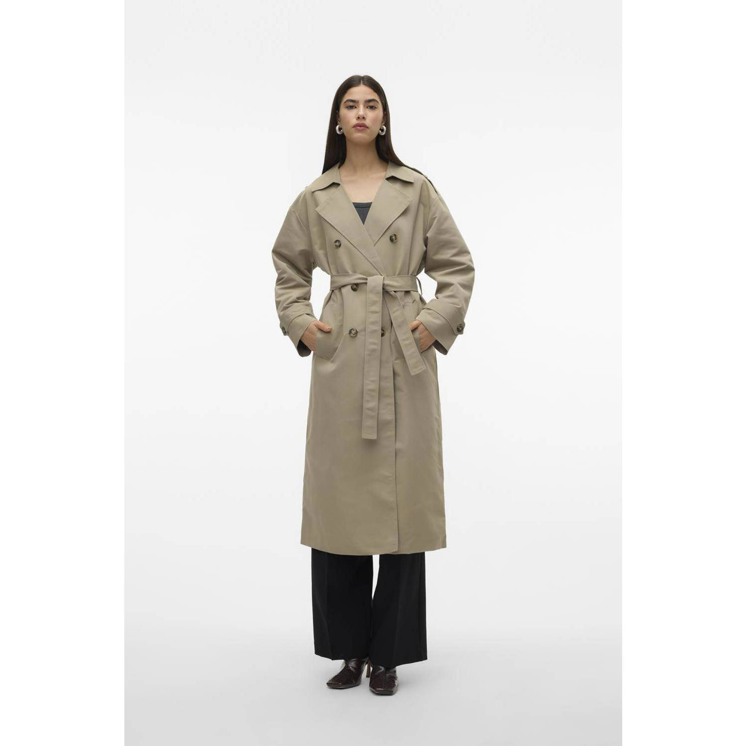 VERO MODA VMCHLOE trenchcoat jas met ceintuur lichtgrijs