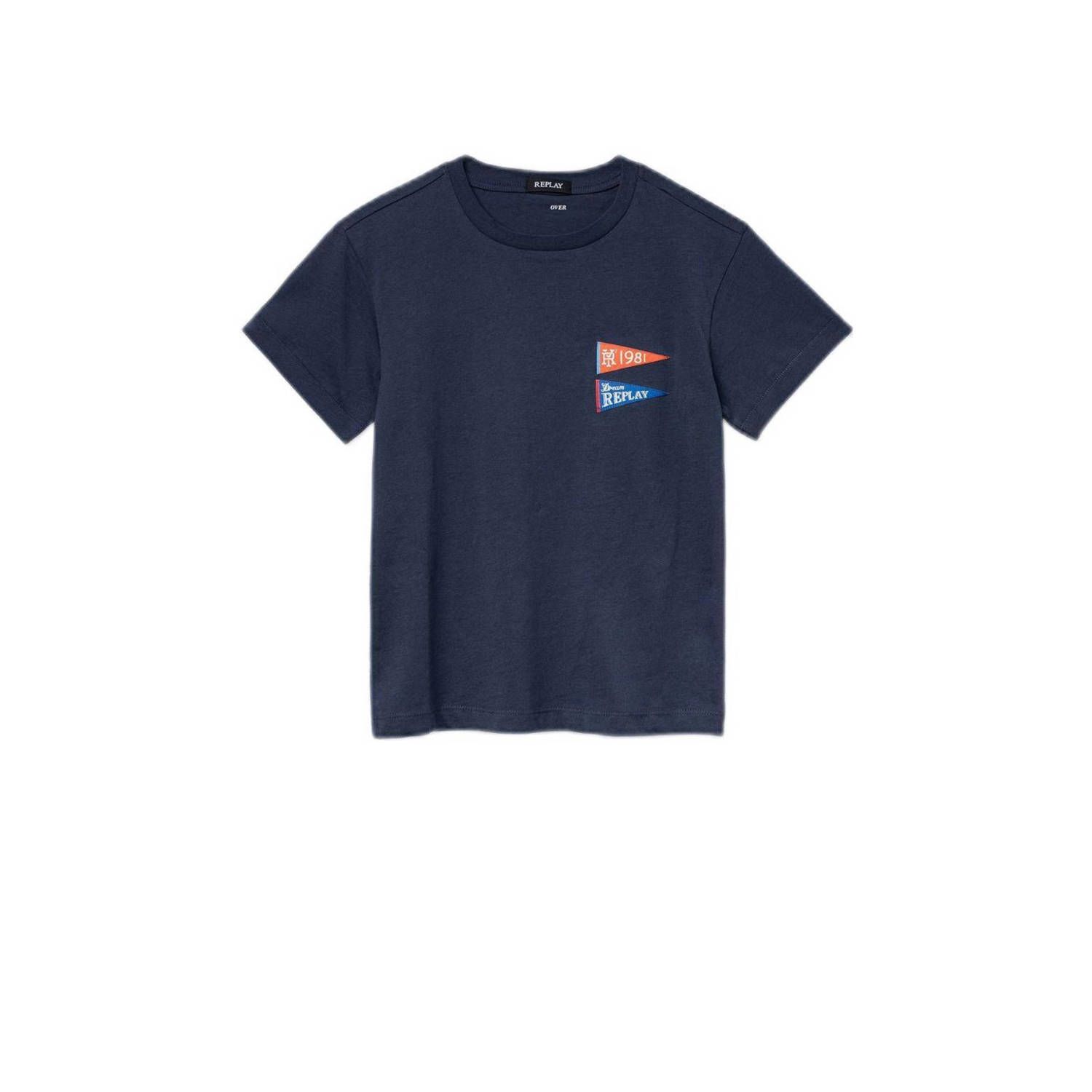 Replay T-shirt met printopdruk donkerblauw Jongens Katoen Ronde hals Printopdruk 116