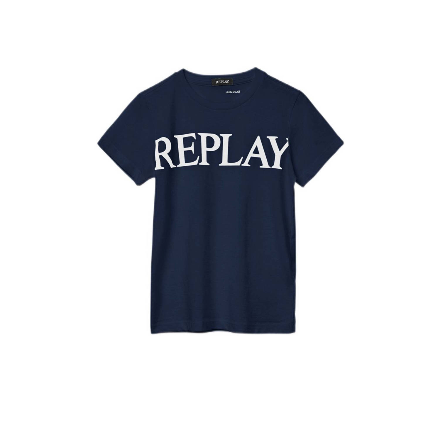 Replay T-shirt met tekst donkerblauw Jongens Katoen Ronde hals Tekst 104