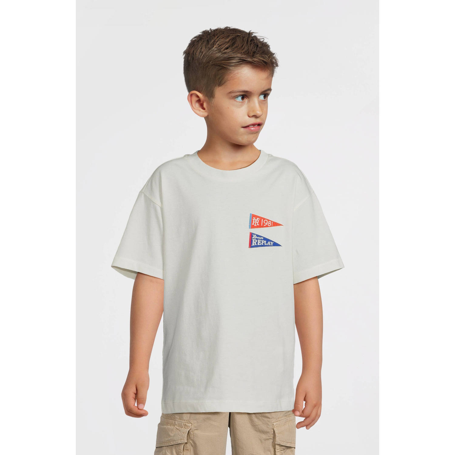 Replay T-shirt met printopdruk offwhite Wit Jongens Katoen Ronde hals Printopdruk 104