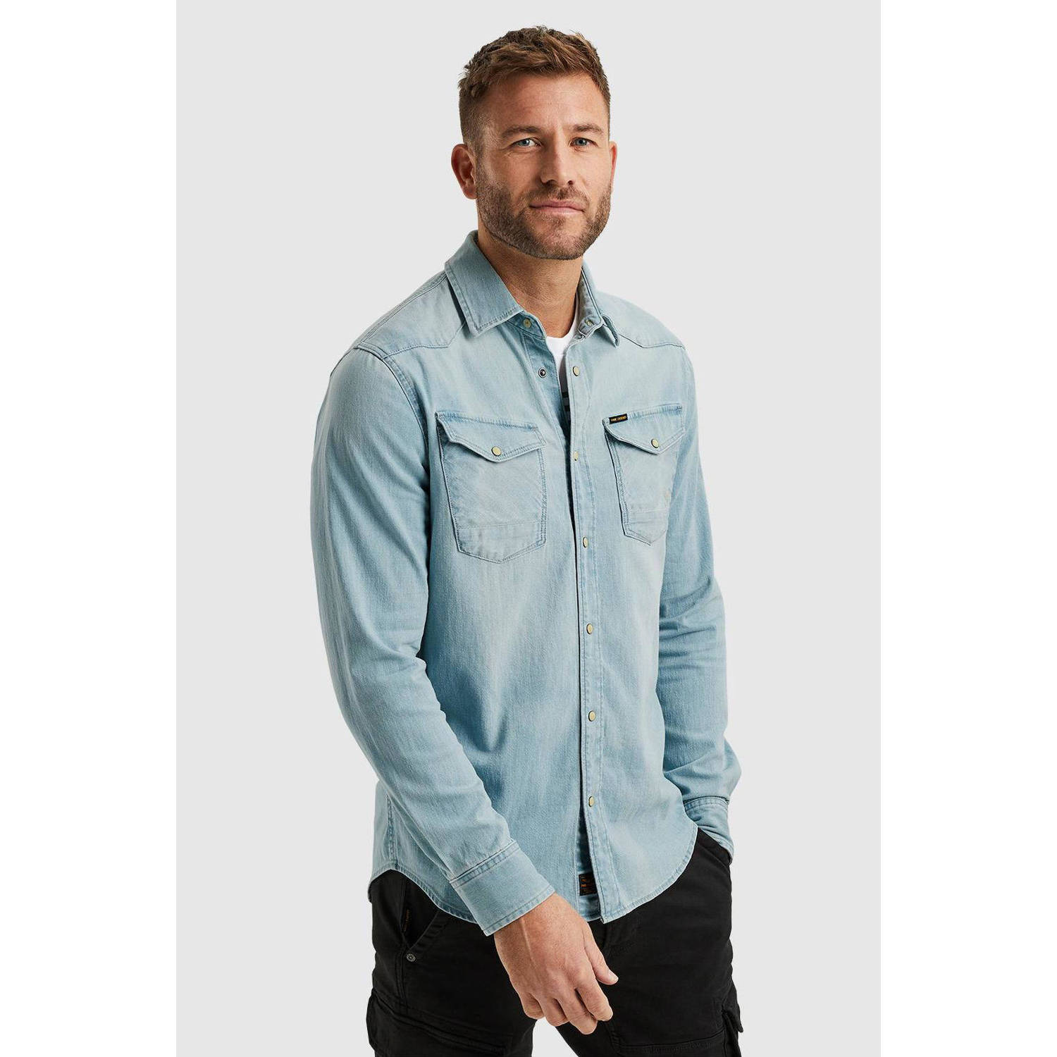 PME Legend slim fit denim overhemd real light blue