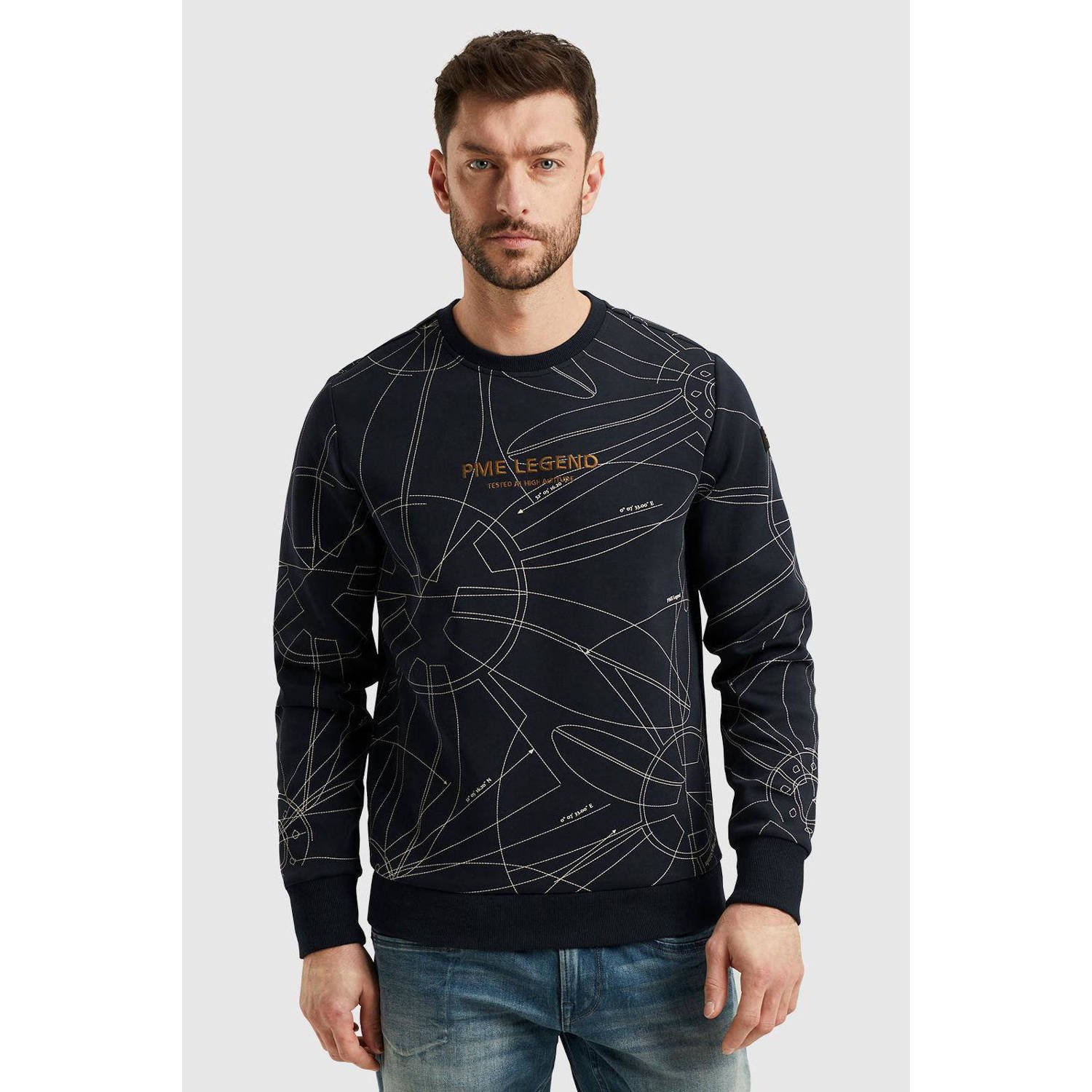 PME Legend sweater met all over print donkerblauw