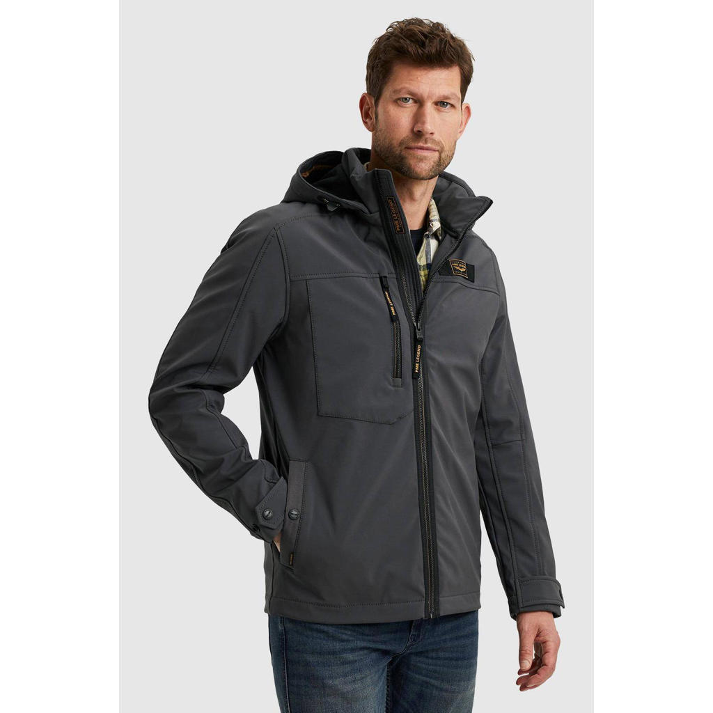 Grijze heren PME Legend softshell jas SUCCESSOR van polyester met logo dessin, lange mouwen, capuchon en rits met windvanger