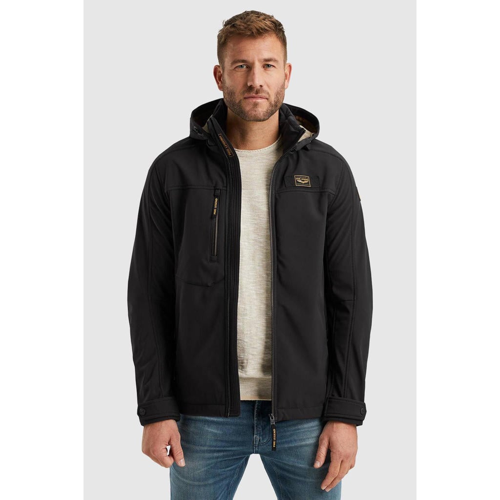 Zwarte heren PME Legend softshell jas SUCCESSOR van polyester met logo dessin, lange mouwen, capuchon en rits met windvanger