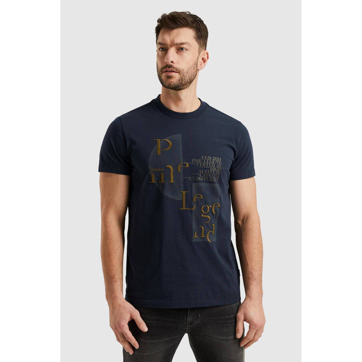 PME Legend regular fit T-shirt met printopdruk donkerblauw