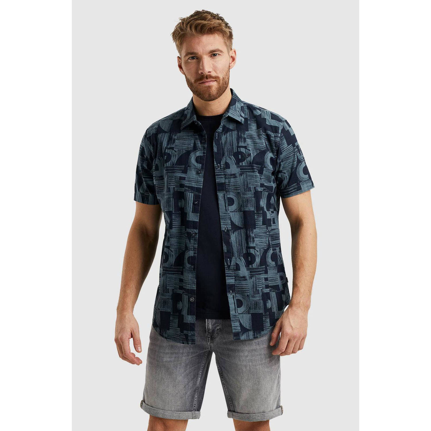 PME Legend regular fit overhemd met all over print donkerblauw