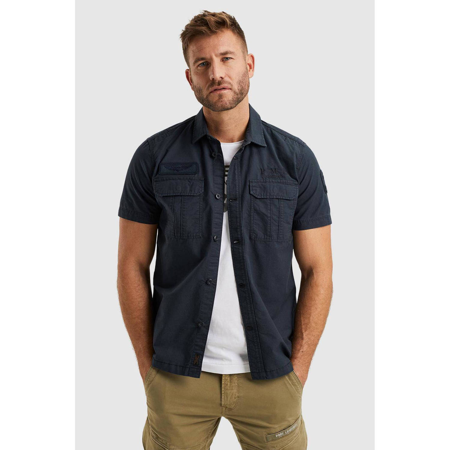 PME Legend regular fit overhemd met logo donkerblauw