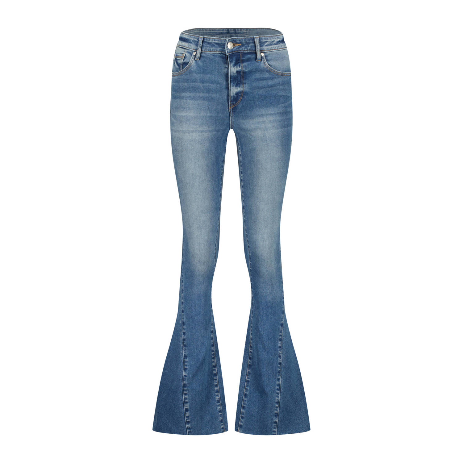 Raizzed high waist flared jeans sunrise seam medium blue denim