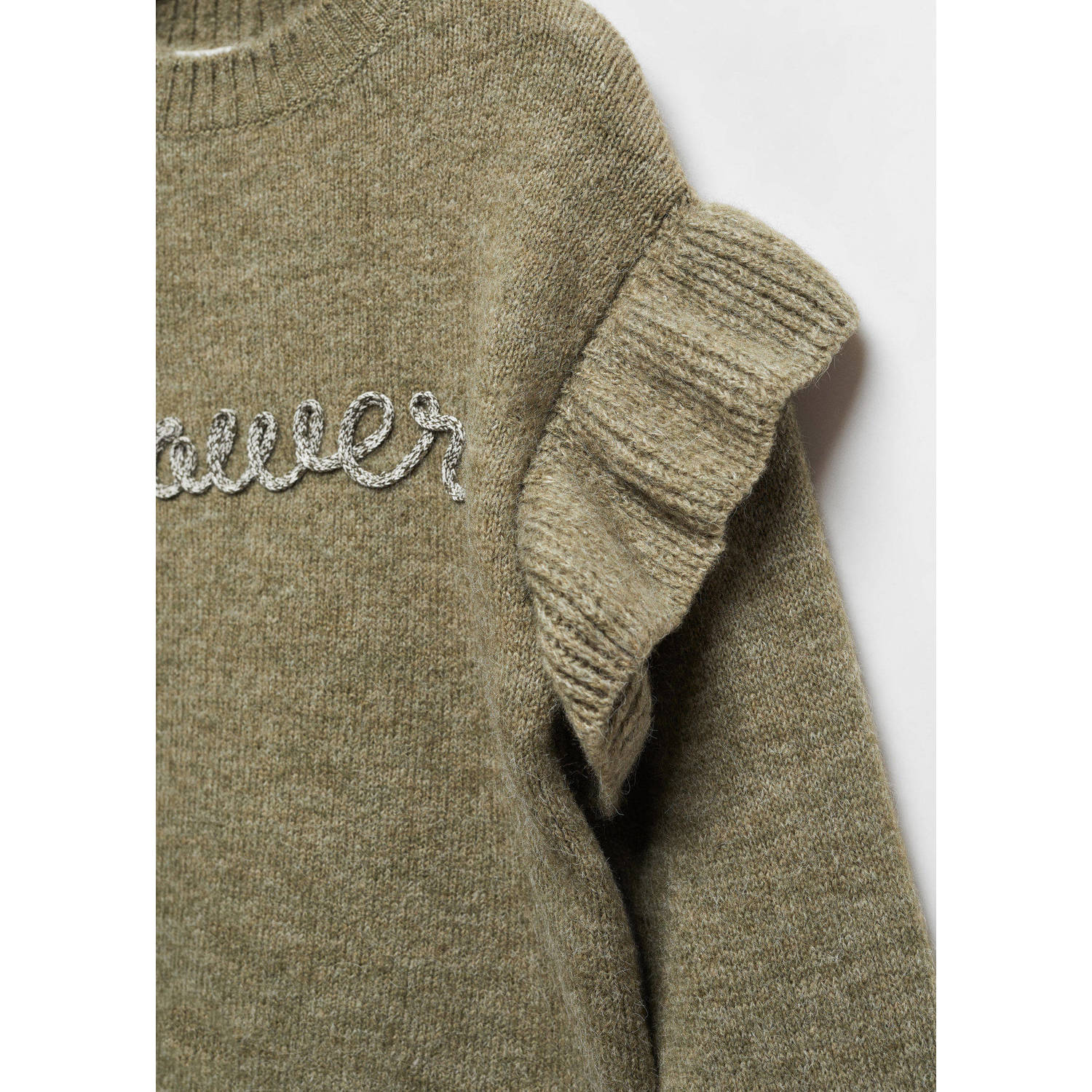 Mango Kids trui met tekst en borduursels mos groen