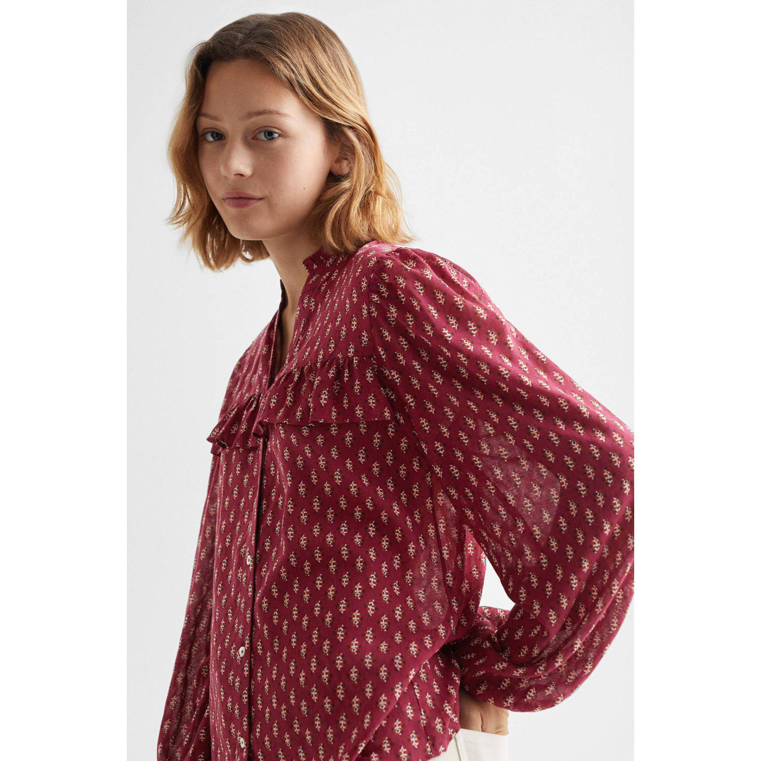 Mango Kids blouse met all over print en ruches donkerrood ecru