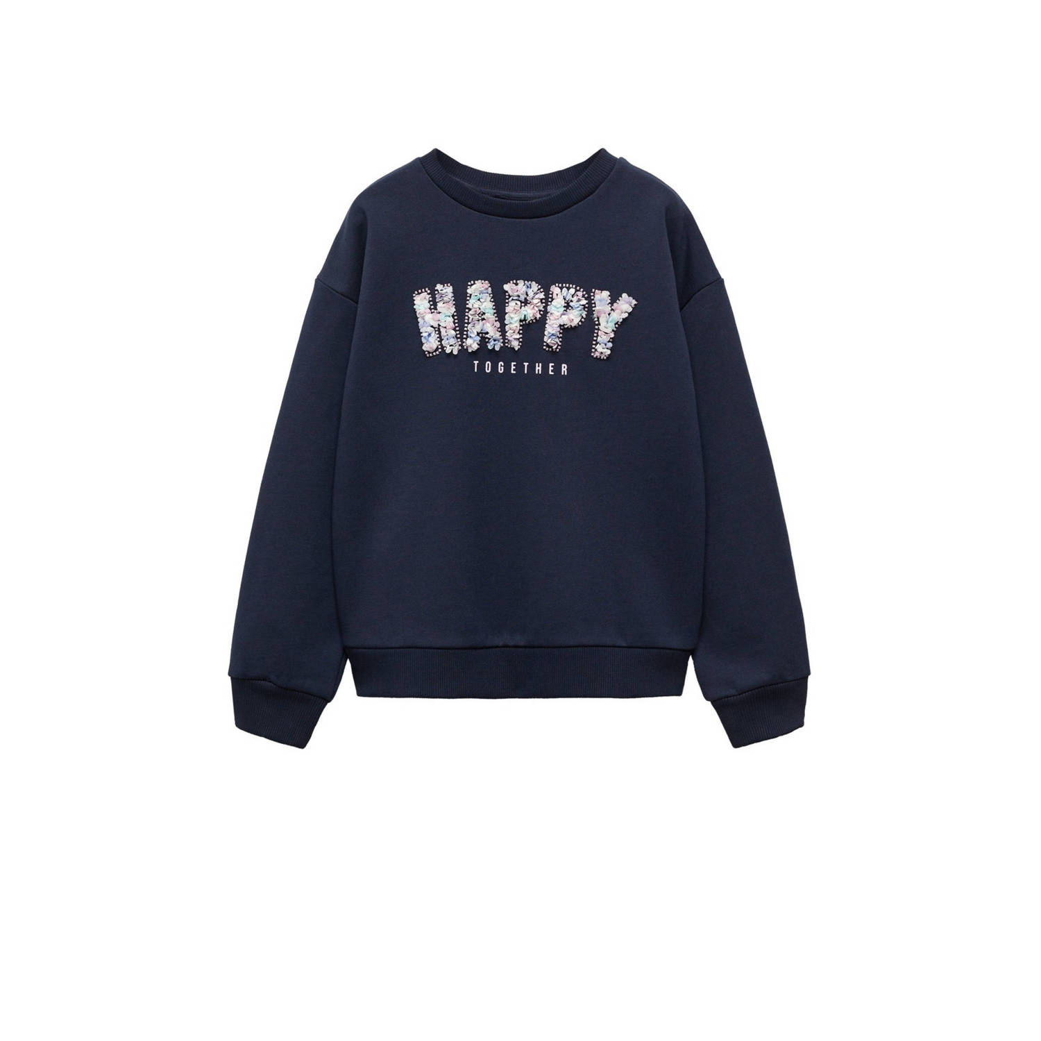 Mango Kids sweater met tekst donkerblauw