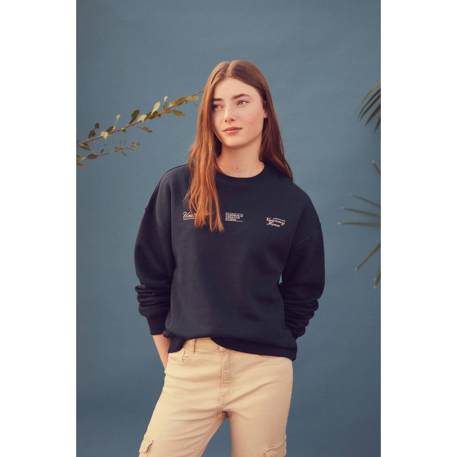 Mango Kids sweater met backprint donkerblauw