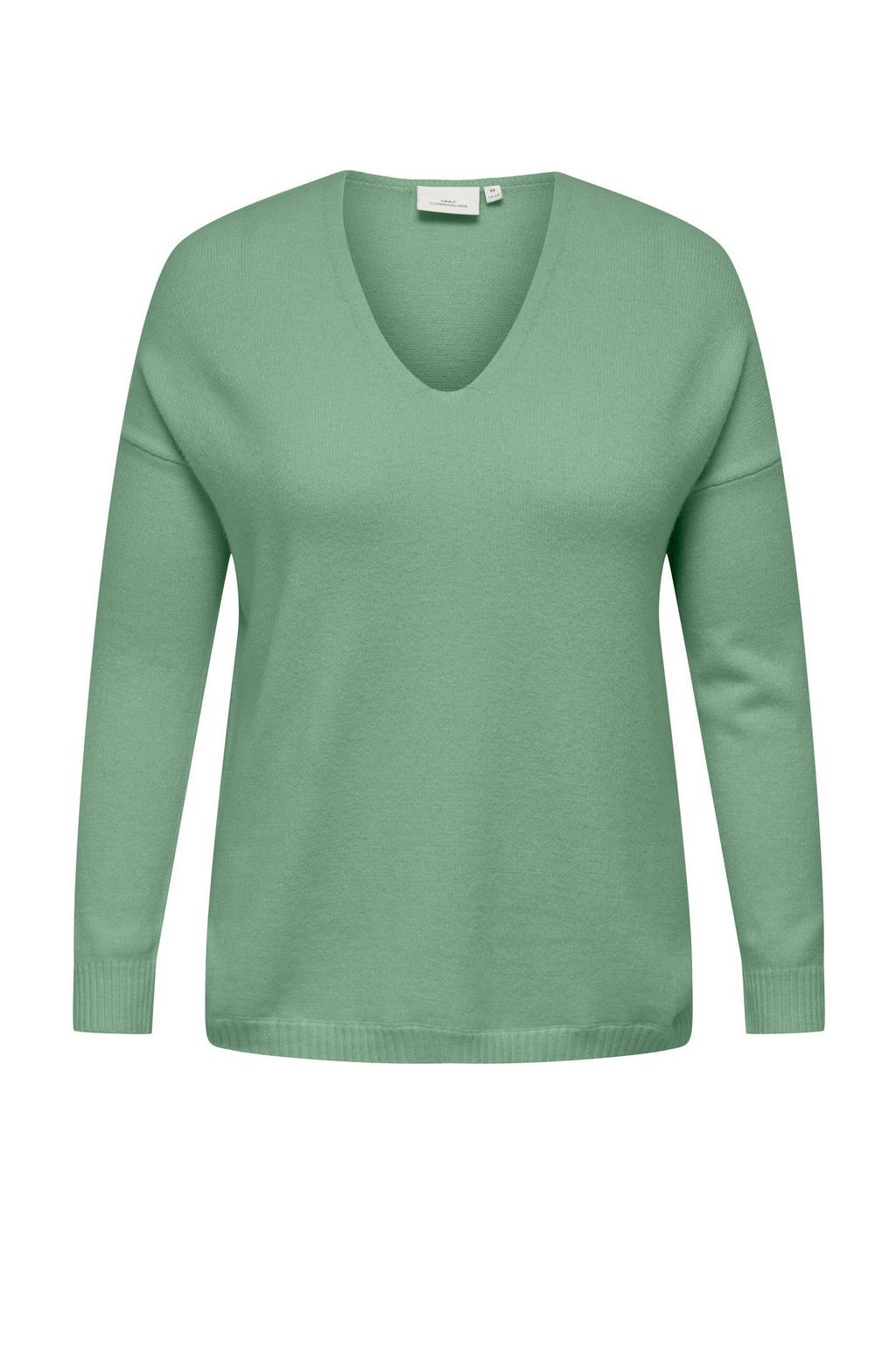 Groene dames ONLY CARMAKOMA trui van viscose met effen, lange mouwen, V-hals en gebreide details