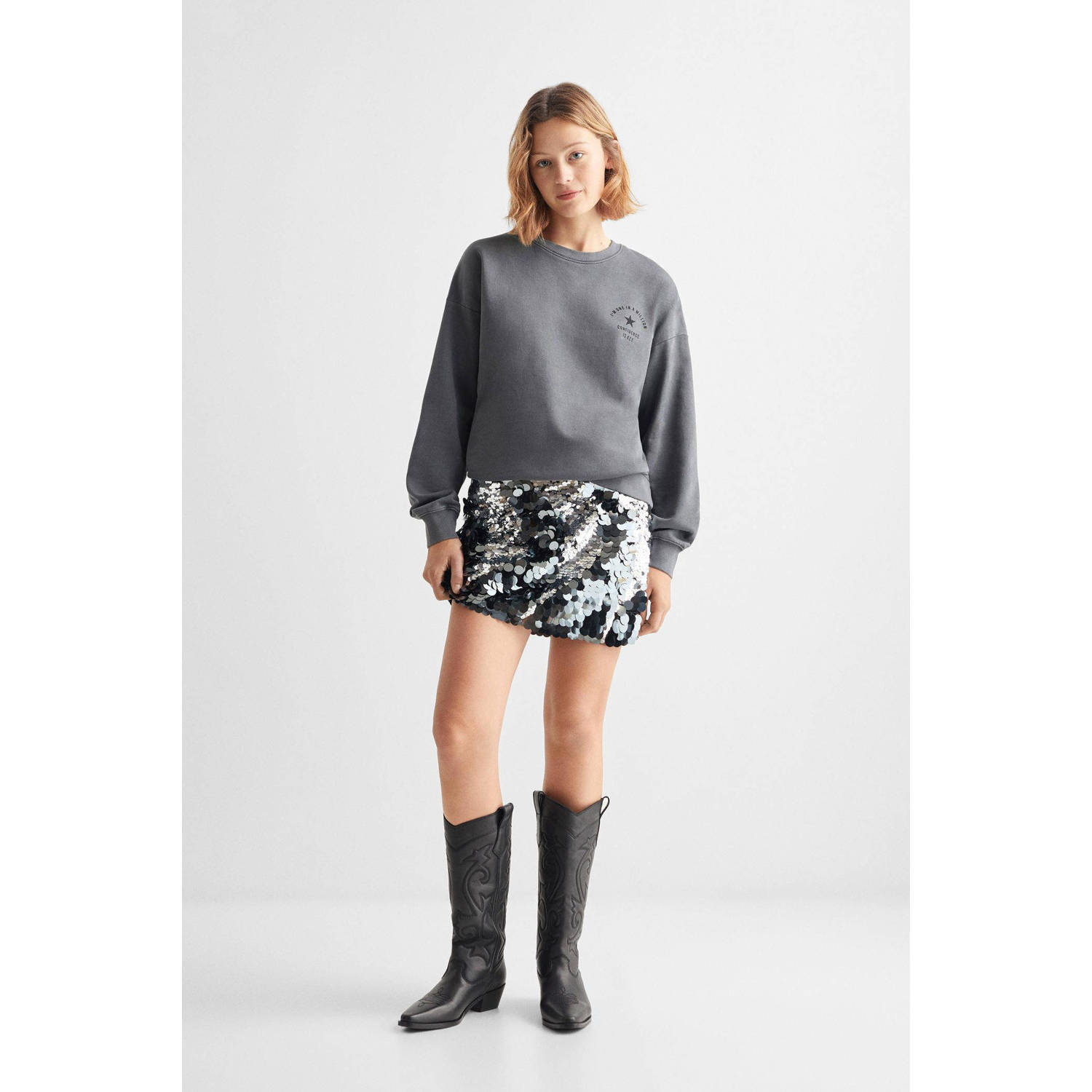 Mango Kids sweater met tekst antraciet