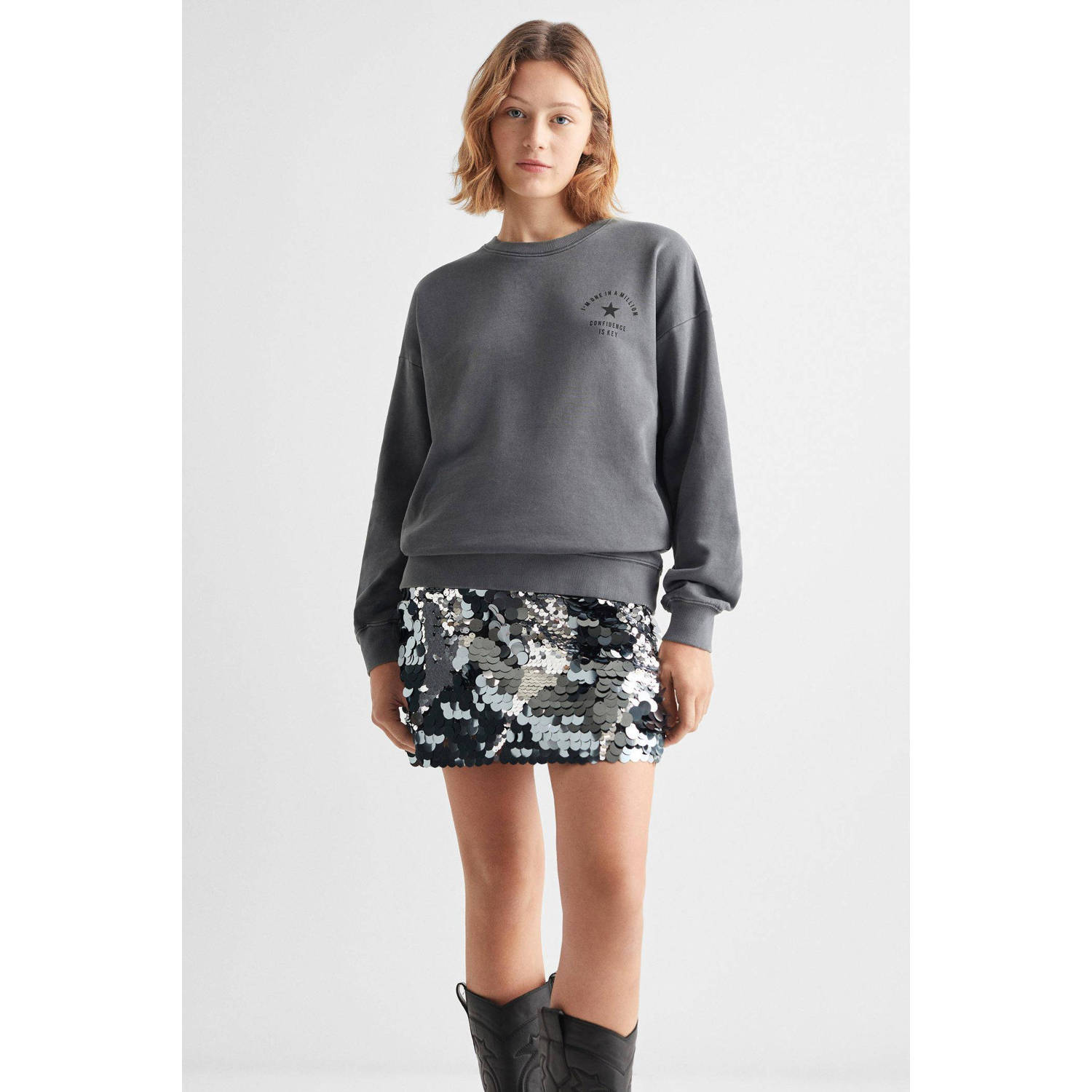 Mango Kids sweater met tekst antraciet