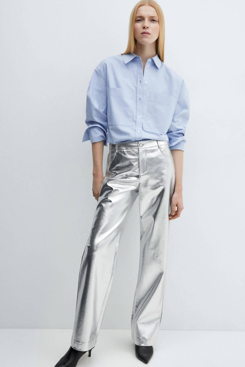 Mango metallic wide leg broek zilver