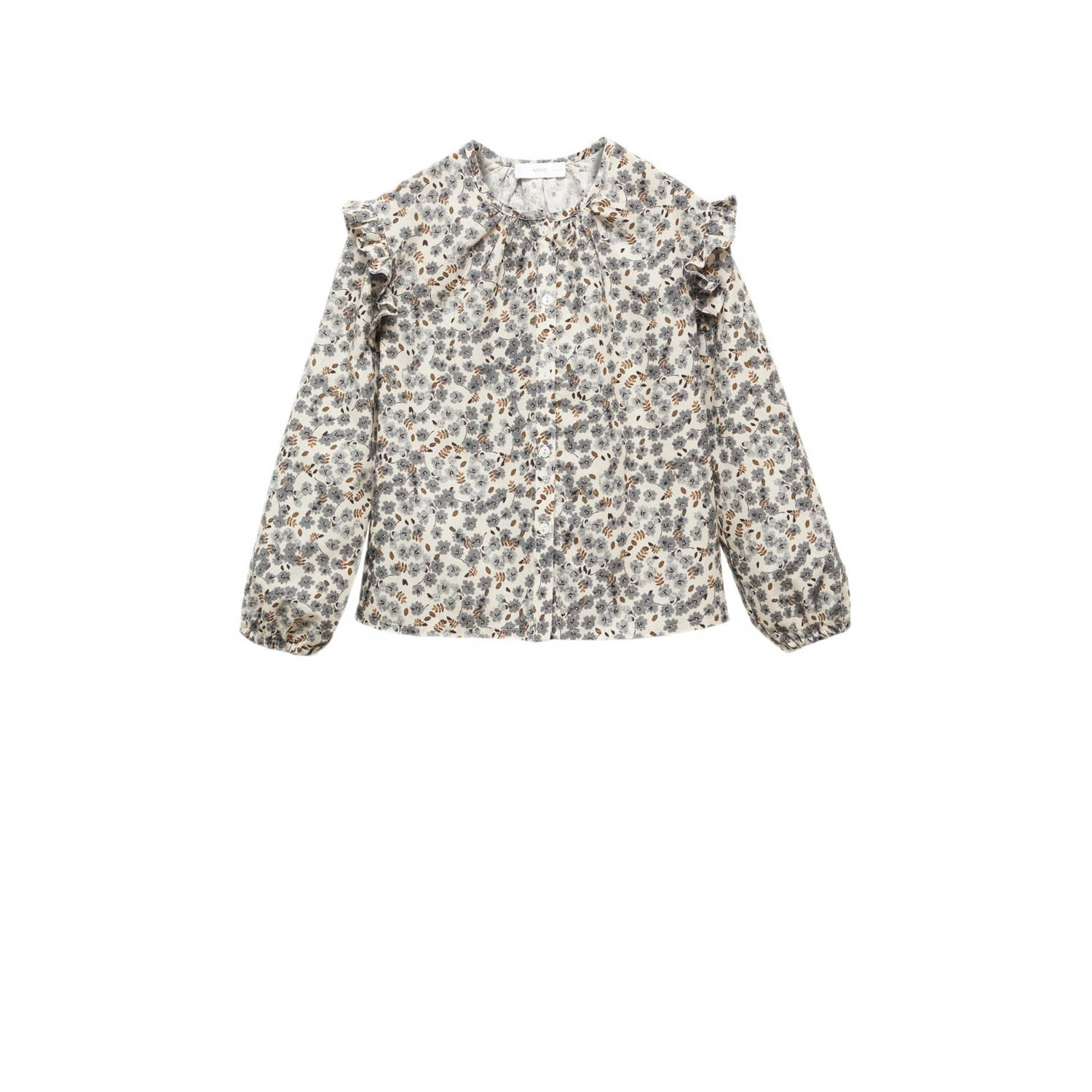 Mango Kids blouse met all over print en ruches ecru lichtblauw Meisjes Katoen Ronde hals 122