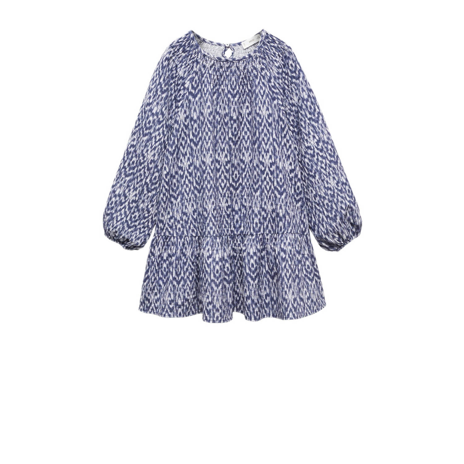 Mango Kids trapeze jurk met all over print blauw wit Meisjes Katoen Ronde hals 116