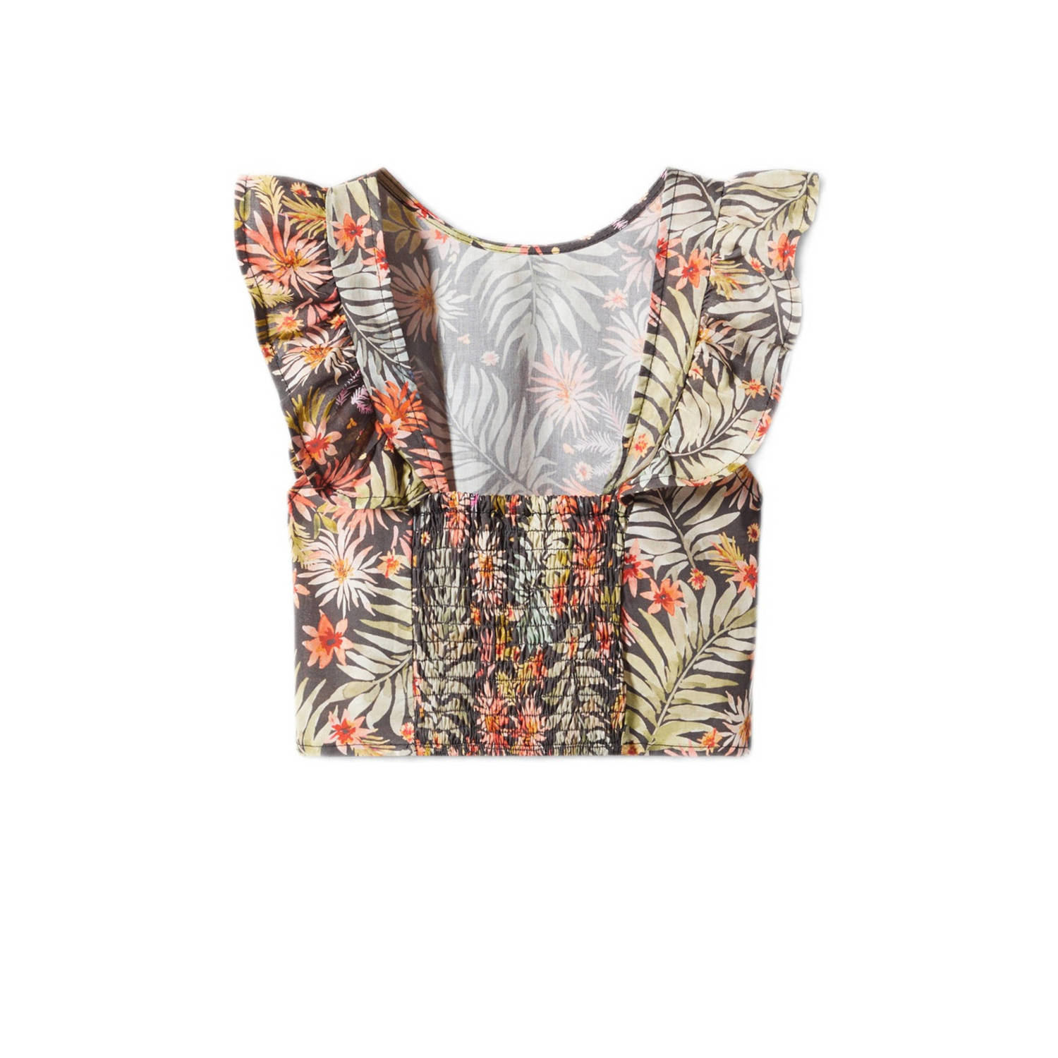 Mango Kids crop top met bladprint en ruches groen zwart oranje