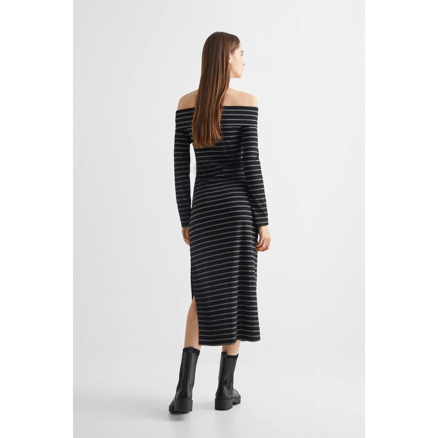 Mango Kids gestreepte off shoulder bodycon jurk zwart grijs