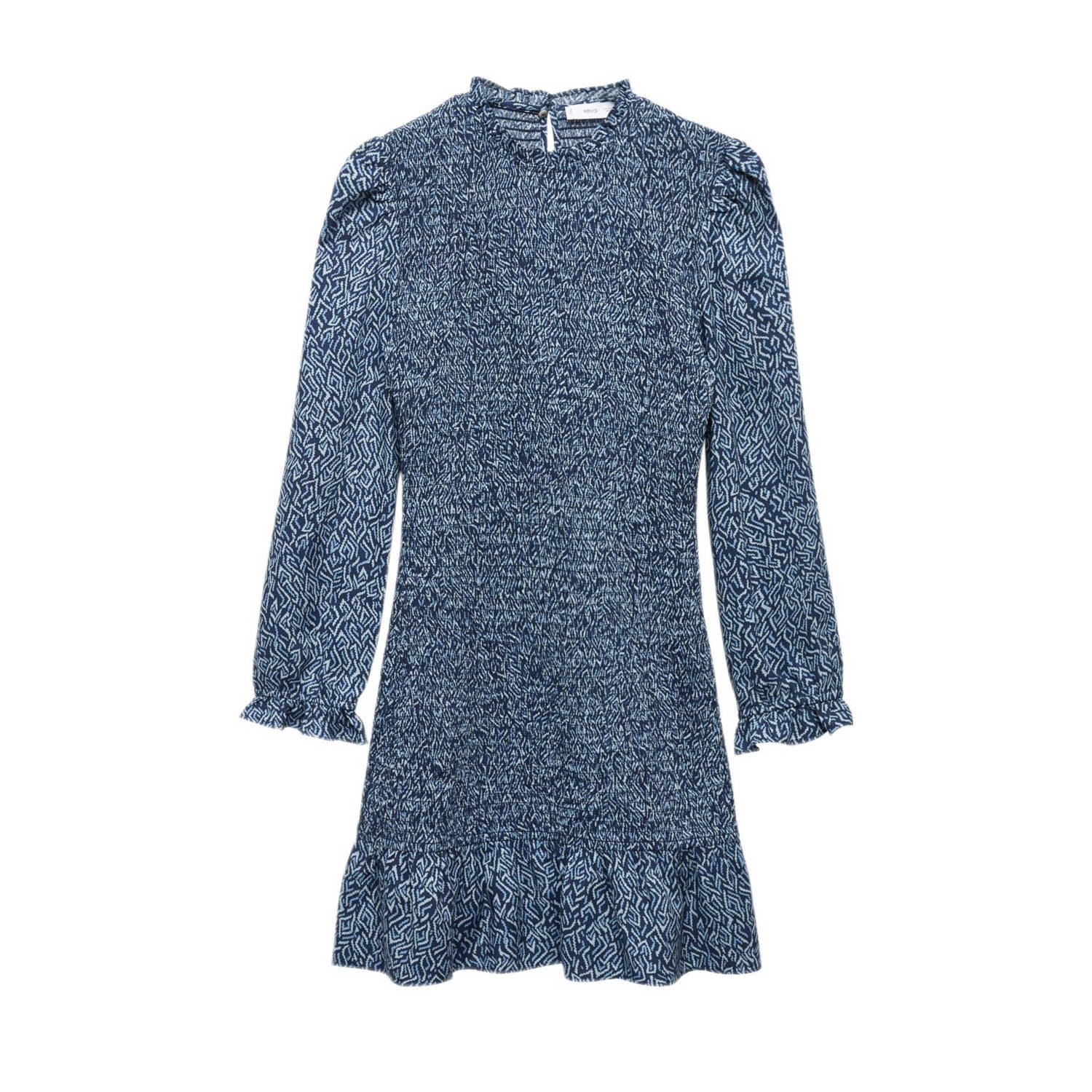 Mango Kids jurk met all over print blauw wit Meisjes Viscose Ronde hals 158(XS)