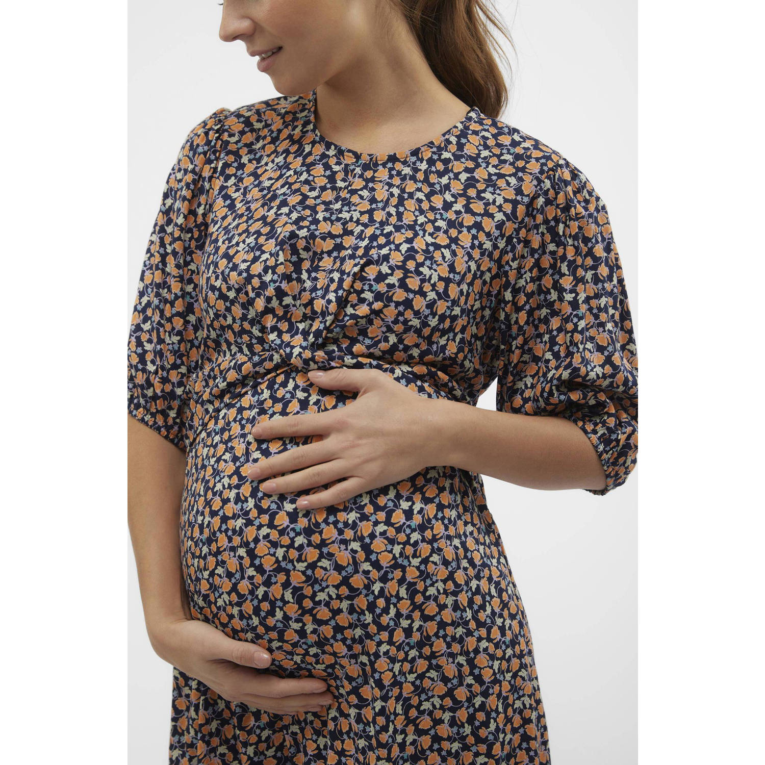 Mamalicious zwangerschapsjurk met all over print donkerblauw oranje Dames Viscose Ronde hals XXL