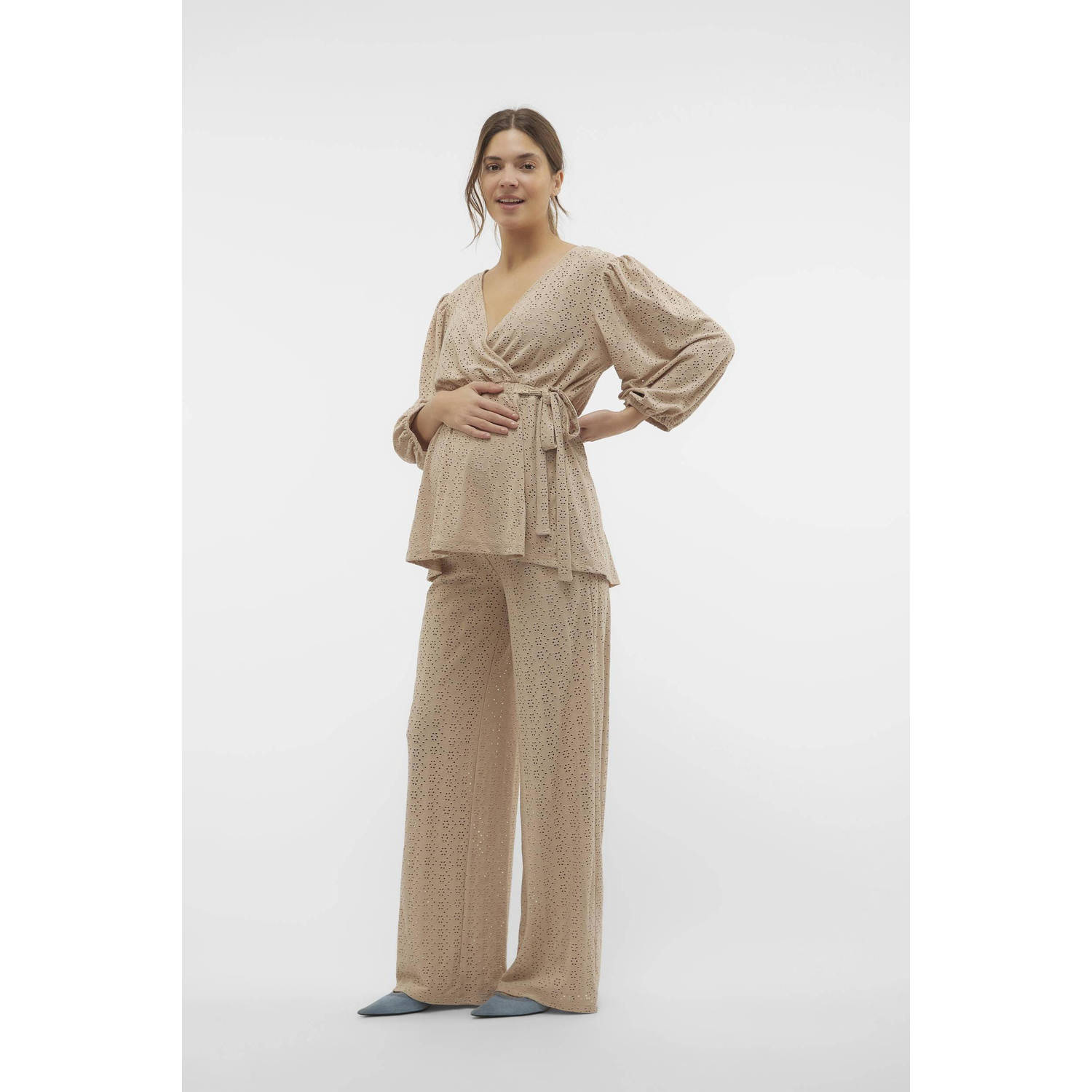 MAMALICIOUS loose fit broek met ingebreid patroon beige