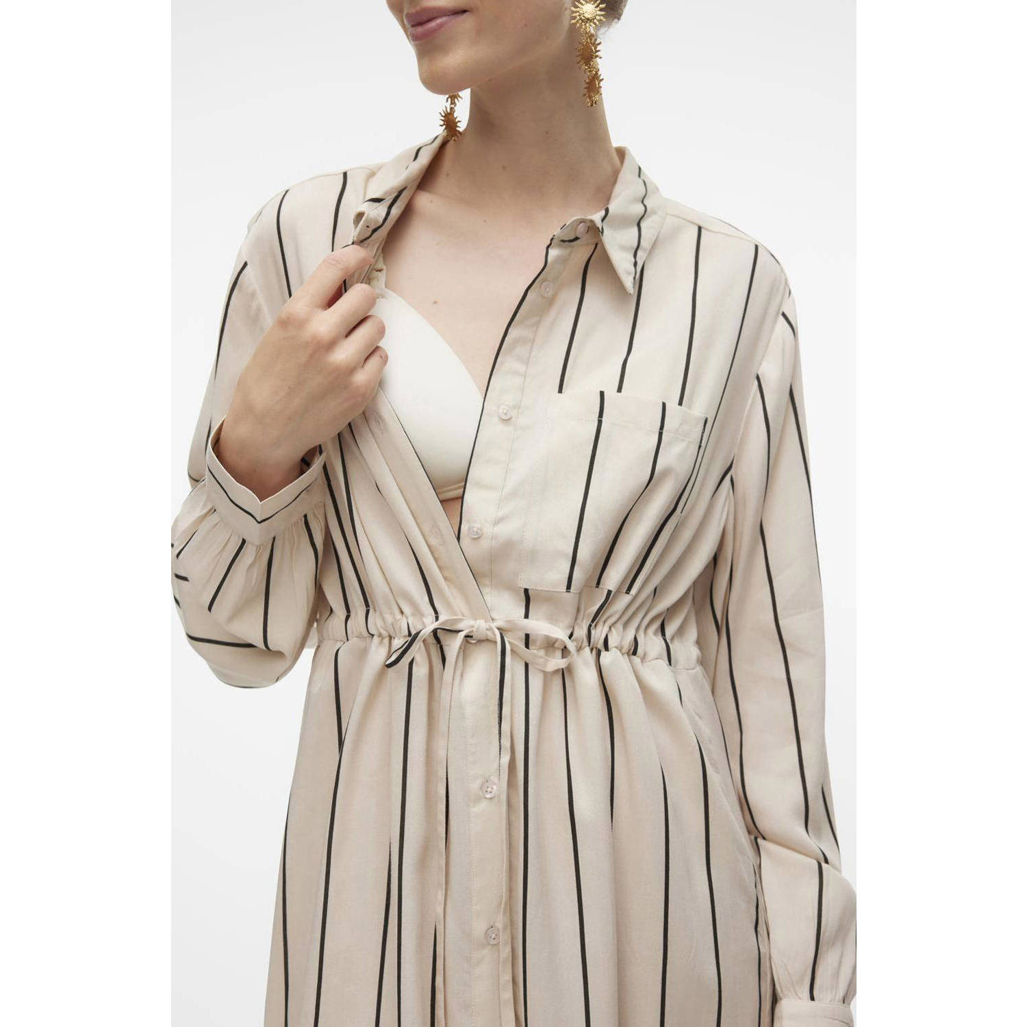 Mamalicious gestreepte zwangerschapsjurk MLROCIO ecru zwart Dames Viscose Klassieke kraag XL