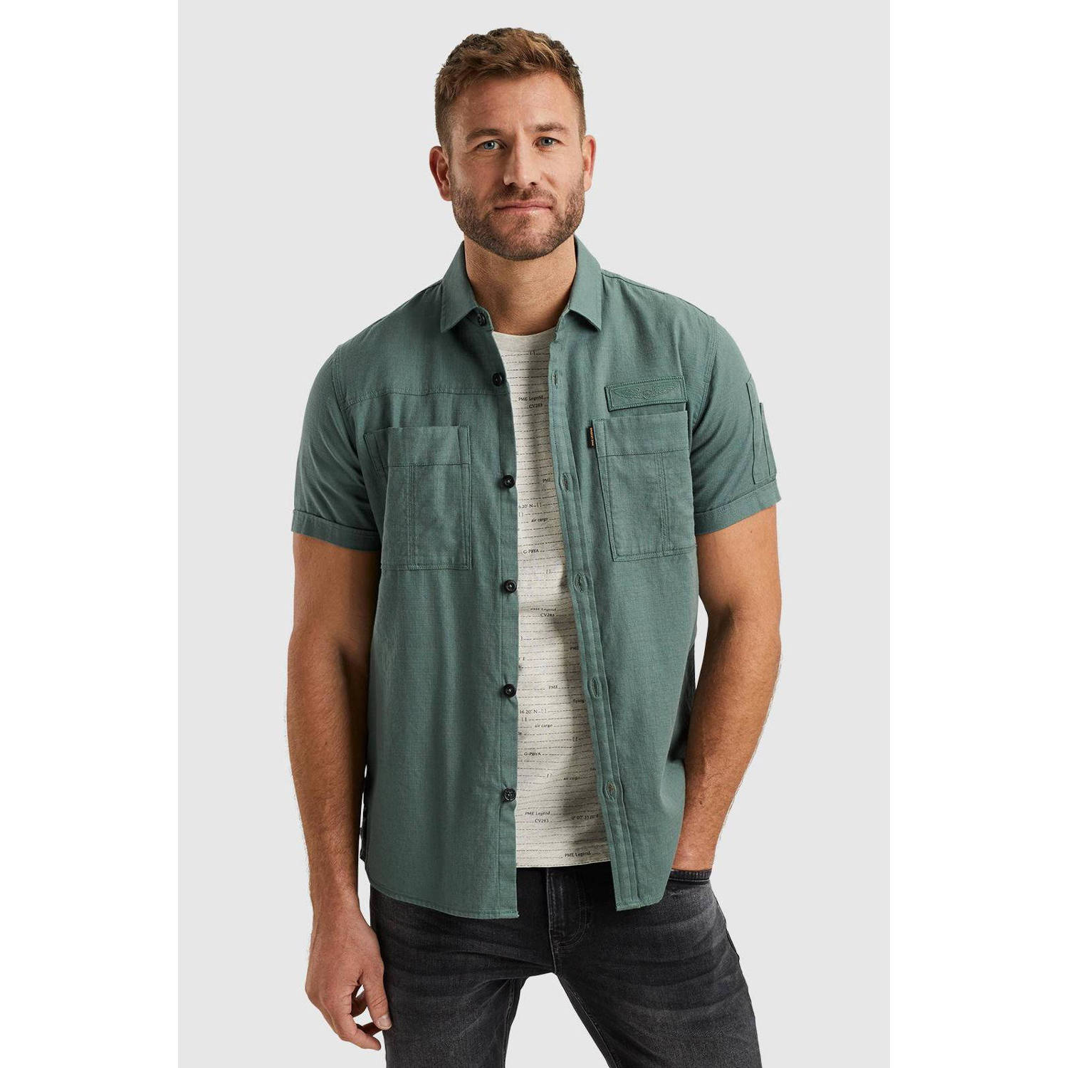 PME Legend regular fit overhemd met logo blauwgroen