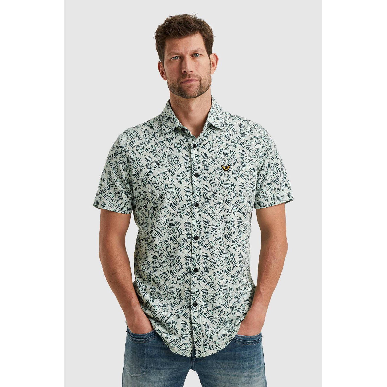 PME LEGEND Heren Overhemden Short Sleeve Shirt Print On Jersey Slub Pique Blauw
